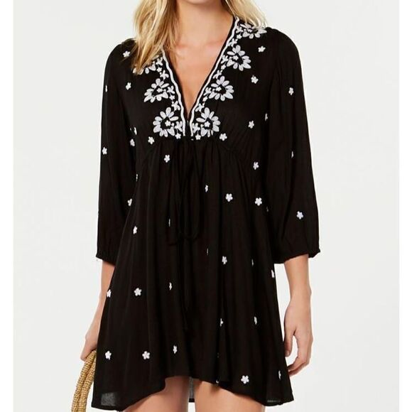 644 RAVIYA Embroidered 3/4-Sleeve Boho Dress Cover-Up BLACK Size OX new - Picture 1 of 1